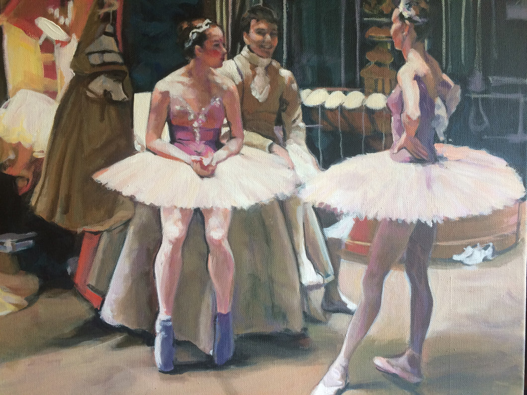 LOVELACE, Shannon - 3 Dancers in the Wings, Sleeping Beauty -16 x 20 - acrylic on canvas